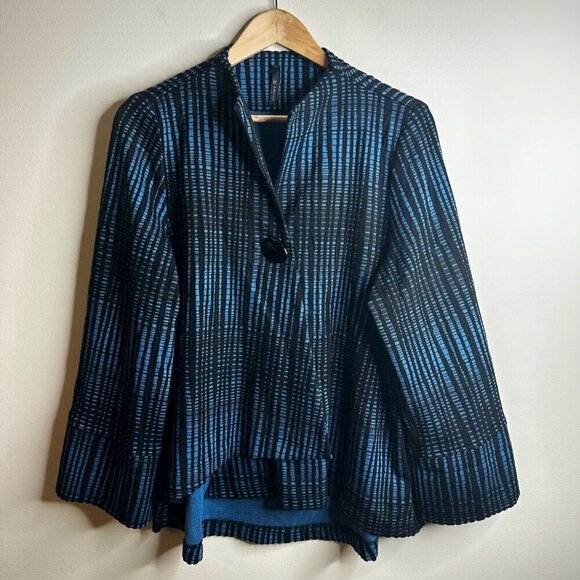 IC By CONNIE K Jacket Sz L Black Blue Textured Single Button Artsy Lagenlook - Picture 1 of 13